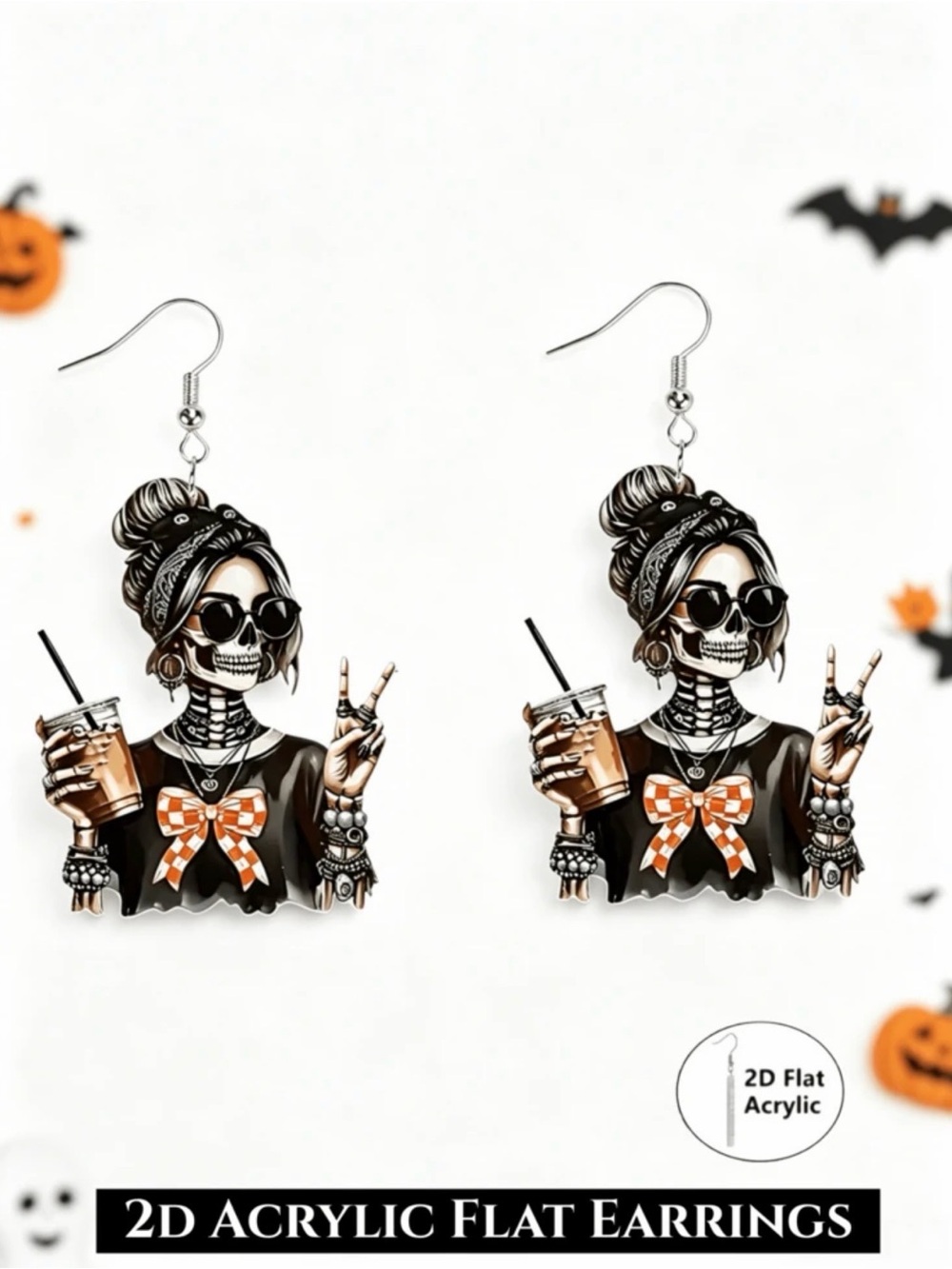Cool Skeleton Girl Iced Coffee Dangle Earrings Halloween Acrylic Peace SignJewel